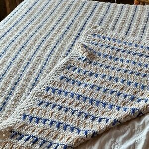 Handmade Crochet Blanket with Blue and Cream Stripes